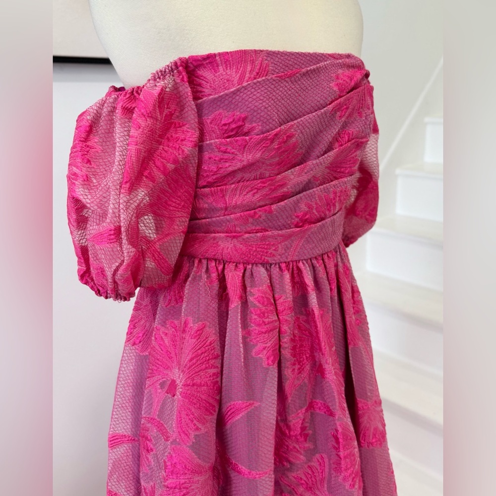 ML Monique Lhuillier Organza Jacquard Off-Shoulder Gown Floral Pink Maxi Dress - Picture 9 of 16